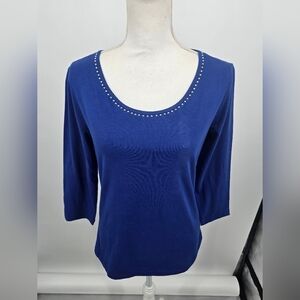 Ellen Tracy Sapphire Blue Scoop Neck Top Studded Trim Medium NWT (6569)
